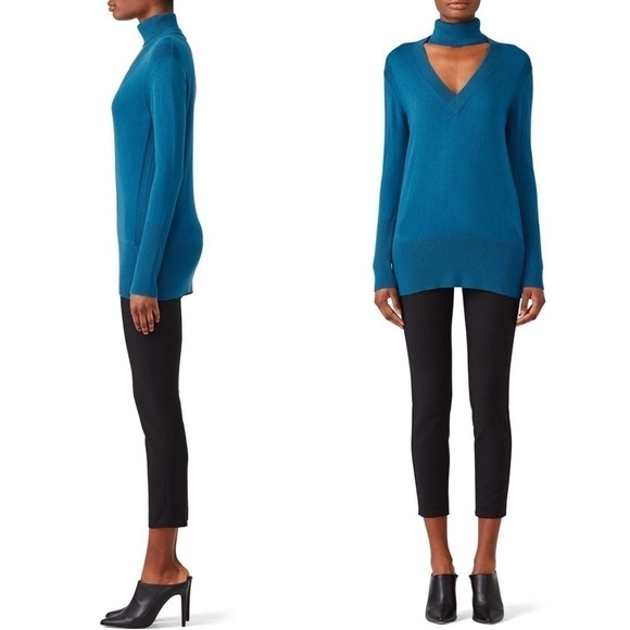 TOME Merino Wool Blend Cutout V-Neckline Turtleneck Ribbed Knit Trim Sweater M - Picture 2 of 8
